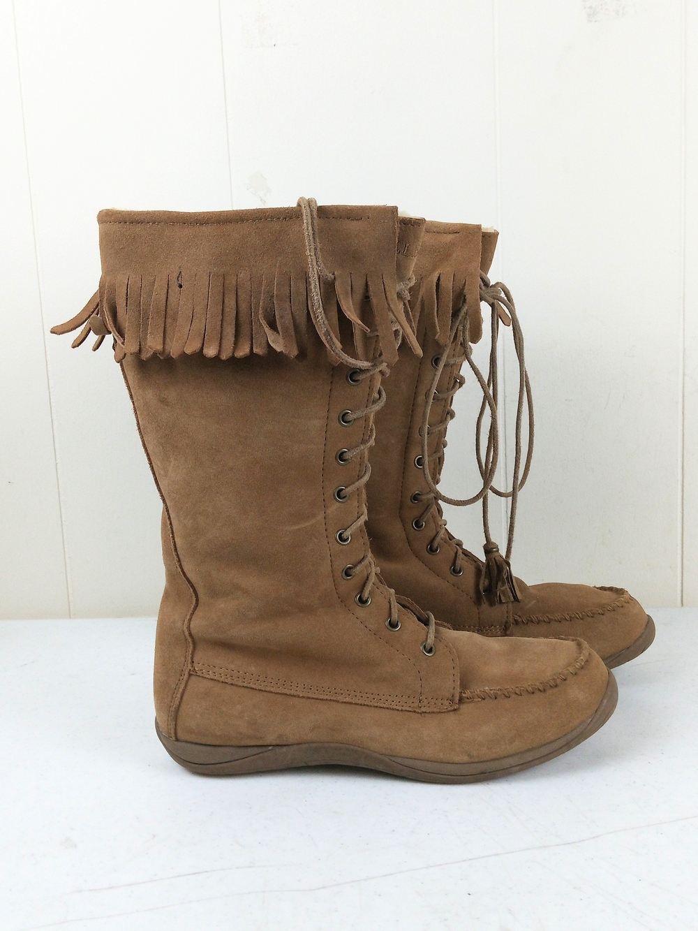L L Bean Women's Tan Suede Fringe Lace-Up Boots Fur Lined Size 9.5 Side Zip